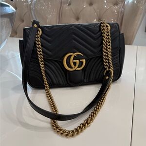 Gucci Black Leather Shoulder Bag with Gold Chain